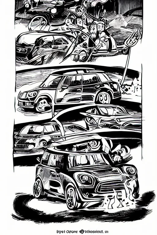 Image similar to “Poster of Viking horsemen in a battle with Mini Cooper Countryman Hybrid . Retro cartoon caricature.”