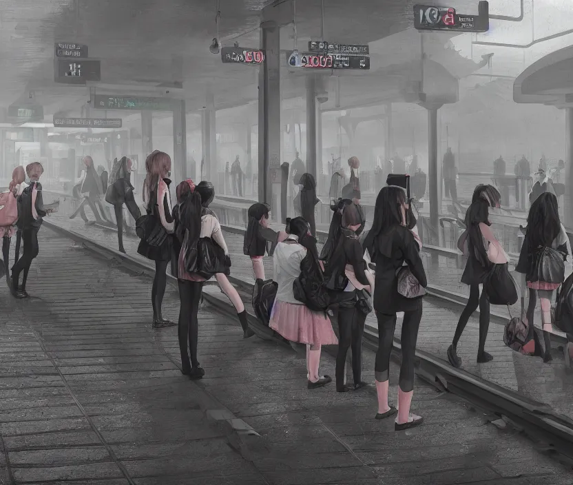 Image similar to School girls waiting on a urban train station, gloomy and foggy atmosphere, octane render, artstation trending, horror scene, highly detailded