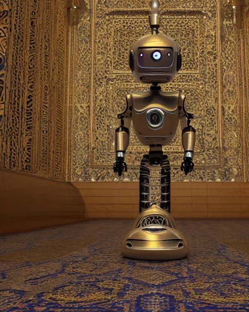 Prompt: a robot praying in the mosque, realistic and detailed, 8 k