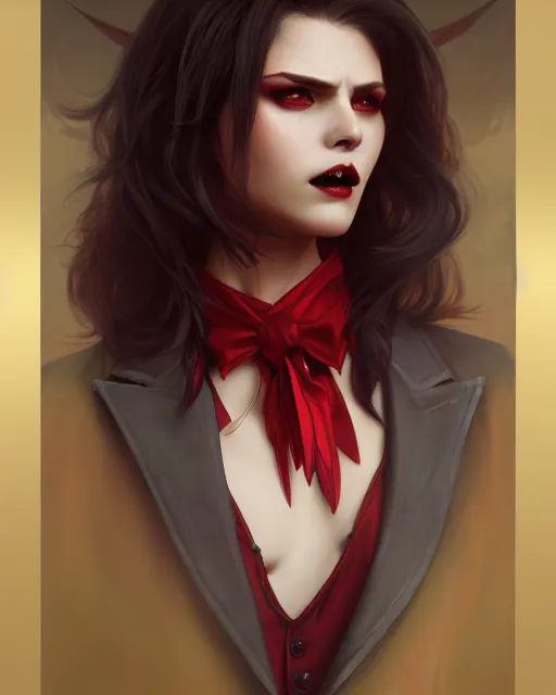 Image similar to female vampire, perfect face, gold waistcoat, red shirt, long grey hair, red necktie, cinematic, stunning, highly detailed, digital painting, artstation, smooth, hard focus, illustration, art by artgerm and greg rutkowski and alphonse mucha