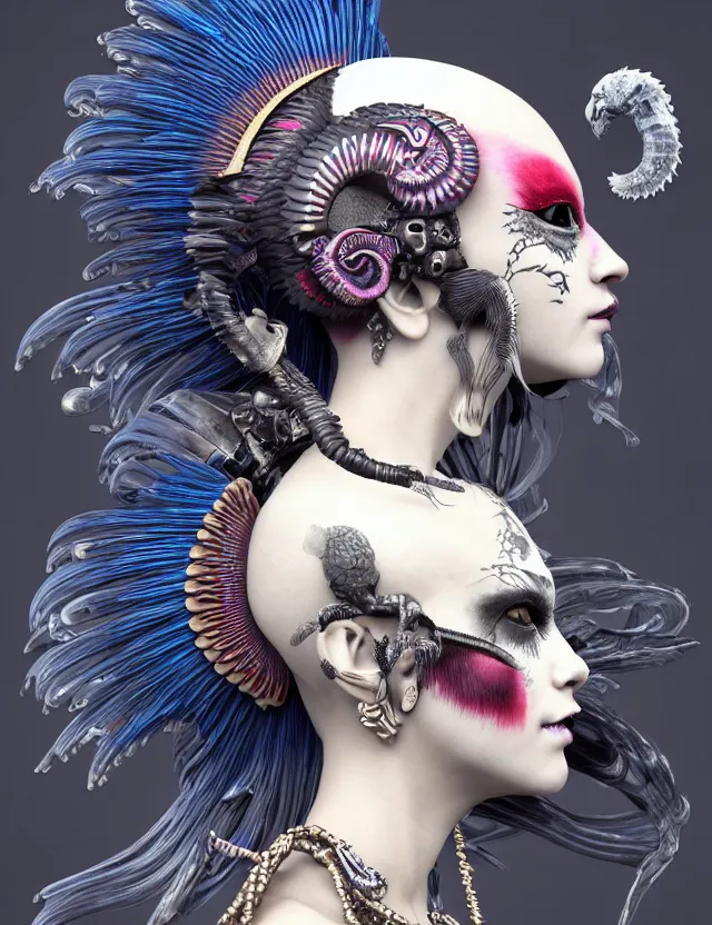 Prompt: 3 d goddess close - up profile portrait punk with mohawk in victorian style with ram skull. beautiful intricately detailed japanese crow kitsune mask and clasical japanese kimono. betta fish, jellyfish phoenix, bio luminescent, plasma, ice, water, wind, creature, artwork by tooth wu and wlop and beeple and greg rutkowski