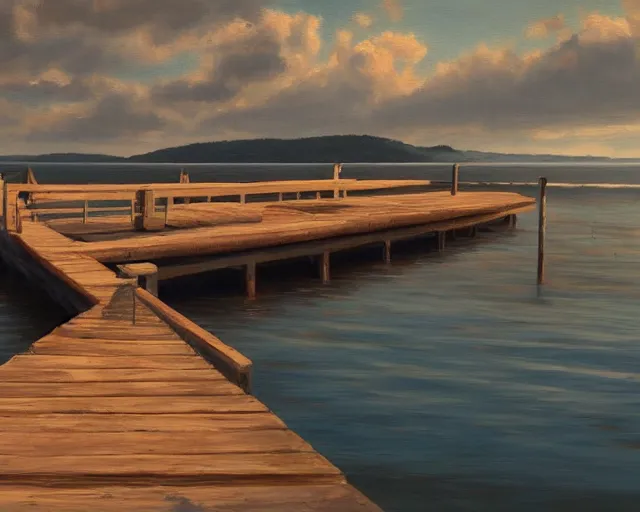 Image similar to fine art painting of a long wooden dock overlooking a tranquil blue sea, artstation, cgsociety, very detailed, intricate, masterpiece