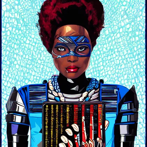 Prompt: portrait of a zulu female android, by MARVEL comics and Sandra Chevrier