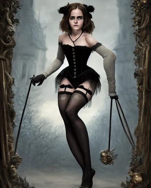 Prompt: full shot portrait painting of very beautiful emma watson standing as black maiden in stockings corset noir streets, character design by mark ryden and pixar and hayao miyazaki, unreal 5, daz, hyperrealistic, octane render, cosplay, rpg portrait, dynamic lighting, intricate detail, cinematic