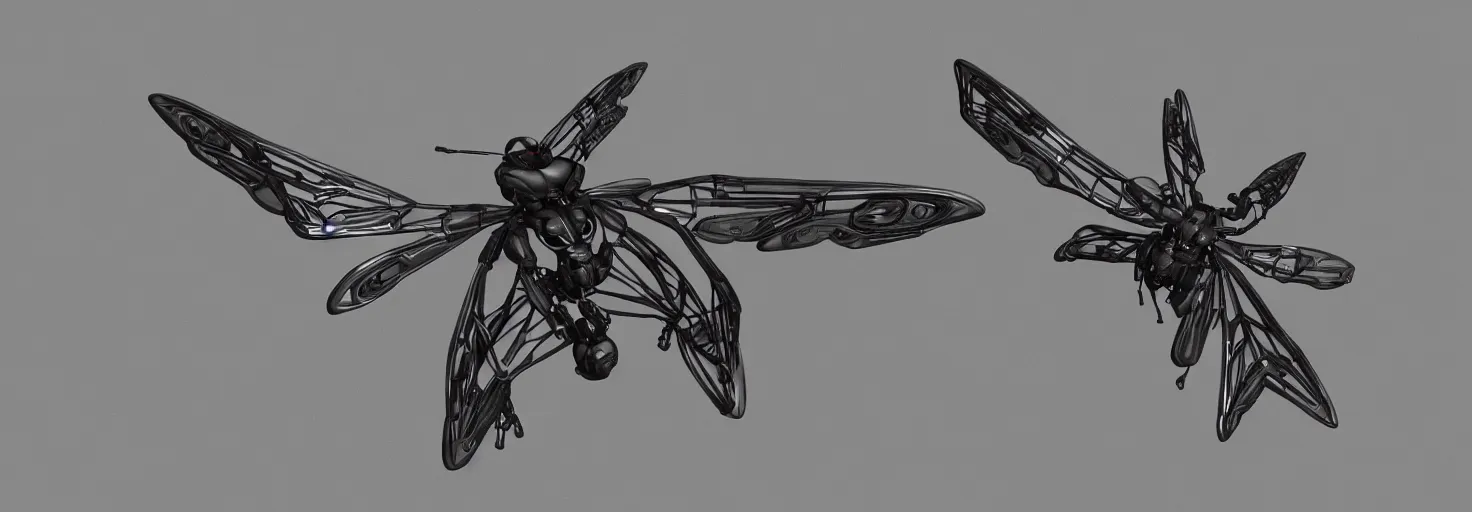 Image similar to symmetry!! a mechanized dragonfly with it's wings spread, gunmetal grey, top down view, very symmetrical, mecha, jet fighter, robotic, highly detailed, artstation, super realistic, unreal engine