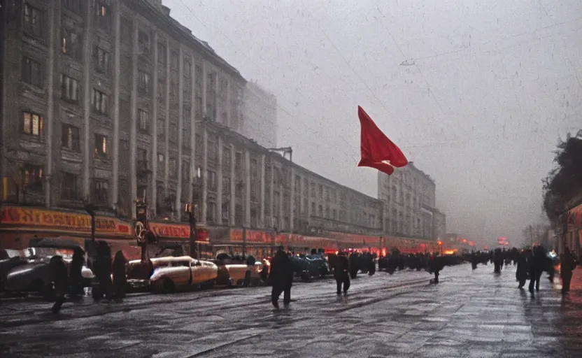 Image similar to 40s movie still of a sovietic street with many pedestrians with stalinist style building, Cinestill 800t 18mm, heavy grainy picture, very detailed, high quality, 4k panoramic, HD criterion, dramatic lightning, streetlight at night, rain, mud, foggy, soviet flags