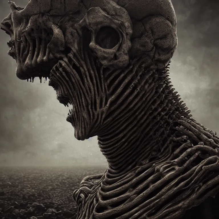 Prompt: ribbed spinal man face portrait, baroque painting, standing in a desolate empty wasteland, creepy, nightmare, dream-like heavy atmosphere, surreal abandoned buildings, beautiful detailed intricate insanely detailed octane render trending on Artstation, 8K artistic photography, photorealistic, chiaroscuro, Raphael, Caravaggio, Beksinski, Giger