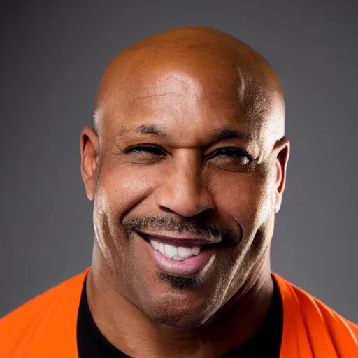 Image similar to a muscular bald middle aged black man with a goatee in an orange gym shirt, high quality portrait