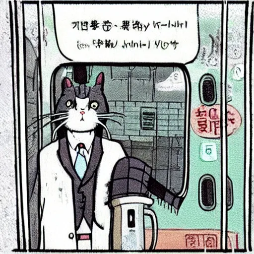 Image similar to “ angry cat wearing a suit riding the subway in new york city, studio ghibli, spirited away, princess mononoke, anime style, by hayao miyazaki ”