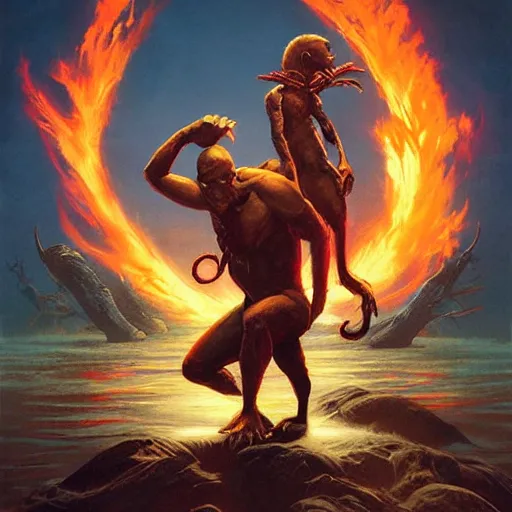 Prompt: 🦃🐒🦞🦈🧟🔥🏞️, Greg Rutkowski, digital art, Michael Whelan, cinematic, Frank Frazetta, Dio album art