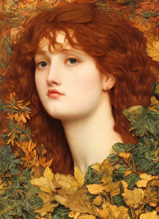 Prompt: masterpiece beautiful seductive flowing curves preraphaelite face portrait amongst leaves, extreme close up shot, straight bangs, thick set features, yellow ochre ornate medieval dress, laying amongst foliage mushroom forest circle arch, frederic leighton and kilian eng and rosetti, 4 k