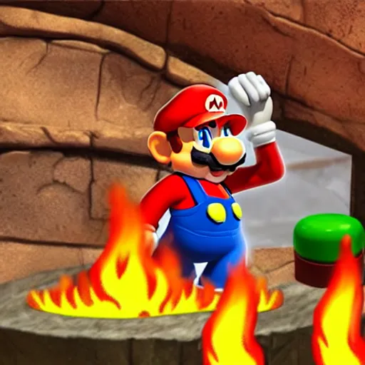 Prompt: Hyper realistic caveman Mario discovers fire