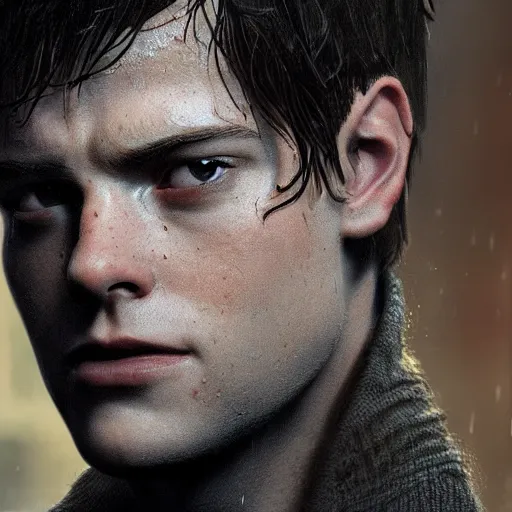 Image similar to Peter Parker , wet face , heavy rain ,dramatic, intricate, highly detailed, concept art, smooth, sharp focus, illustration, Unreal Engine 5, 8K