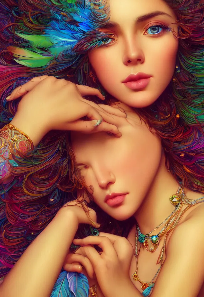 Image similar to beautiful, young woman, detailed gorgeous face, vaporwave aesthetic, synthwave, colorful, psychedelic, water droplets, feathers, crown, artstation, concept art, smooth, extremely sharp detail, finely tuned detail, ultra high definition, 8 k, unreal engine 5, ultra sharp focus, illustration, art by artgerm and greg rutkowski and alphonse mucha