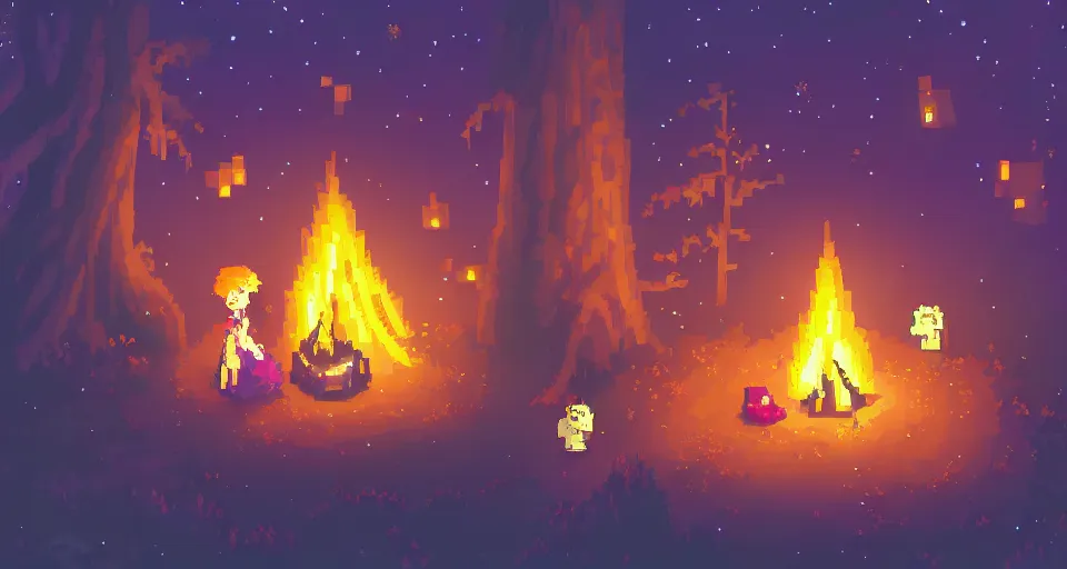 Prompt: Pixelart of a small cute witch sitting at a cozy bonfire in the forest meadow under starry sky, volumetric lighting, digital pixel art, pixiv, by Aenami