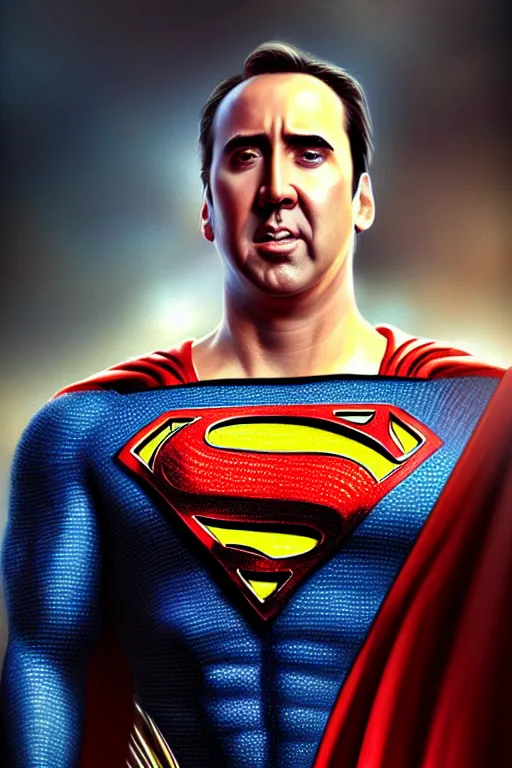 Image similar to portrait of nicolas cage as superman looking away from the camera, intricate, extremely detailed digital painting by greg rutkowski, artstation