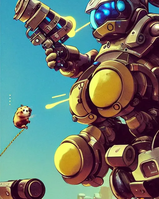 Image similar to wrecking ball the hamster from overwatch, hammond, character portrait, portrait, close up, concept art, intricate details, highly detailed, vintage sci - fi poster, retro future, in the style of chris foss, rodger dean, moebius, michael whelan, and gustave dore