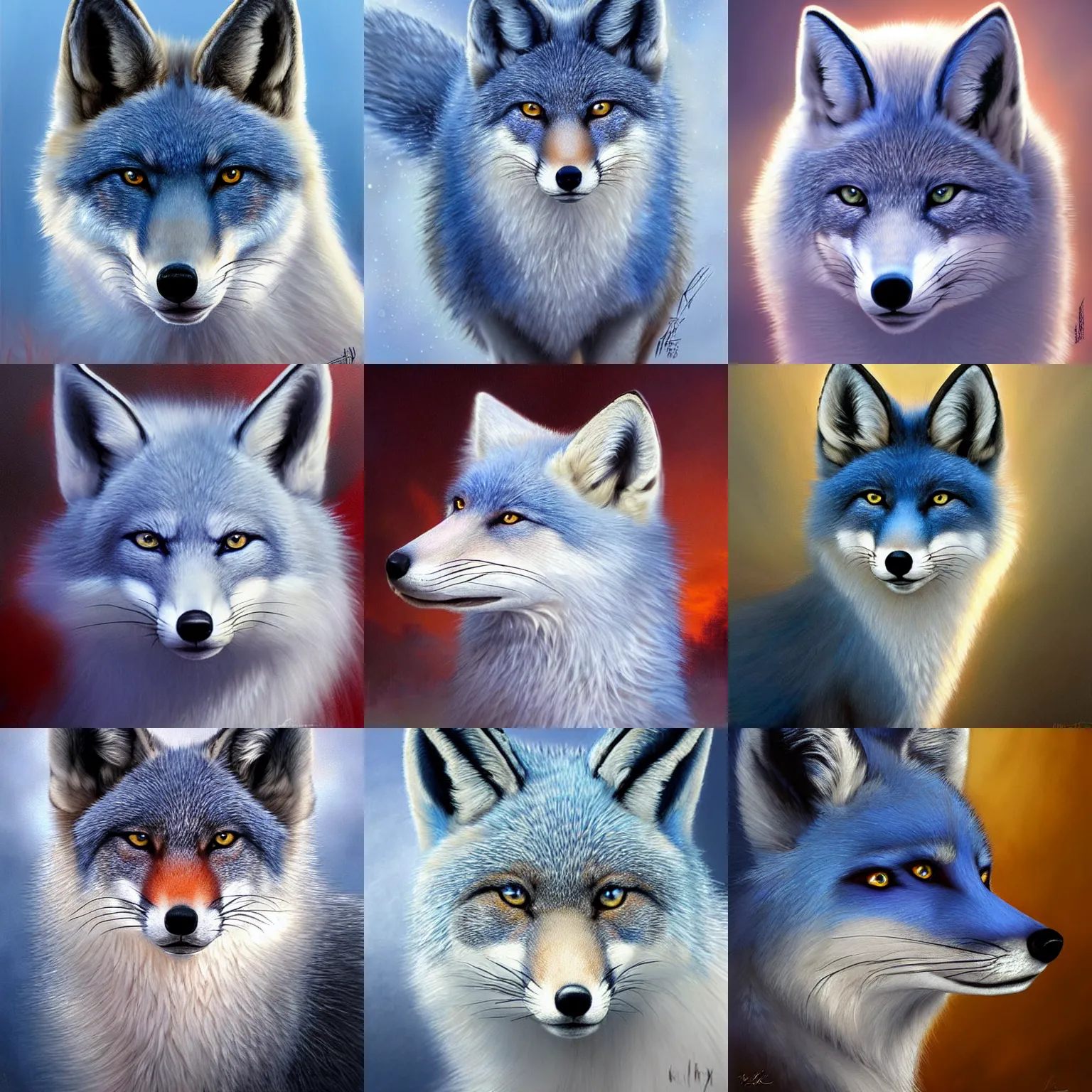 Prompt: blue fox. white mane. red eyes. digital painting, detailed, 8 k, trending on artstation, smooth, sharp focus artwork by mark arian, artgerm, mark keathley, greg rutkowski