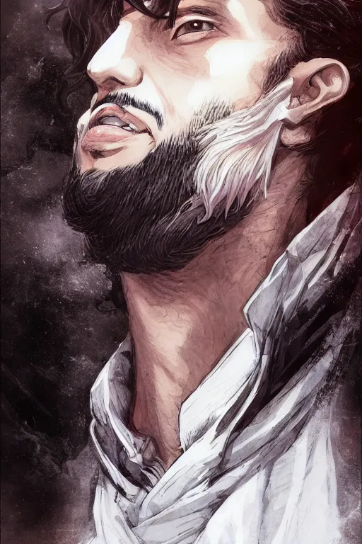 Image similar to beautiful medium shot portrait of a young arabic man casually dressed inspired by ayami kojima, three - quarters portrait, white background white bank studio light, artstation, movie poster, art by yoshitaka amano, hiroaki samura, jiro matsumoto and yusuke murata, sharp focus, high quality, 8 k