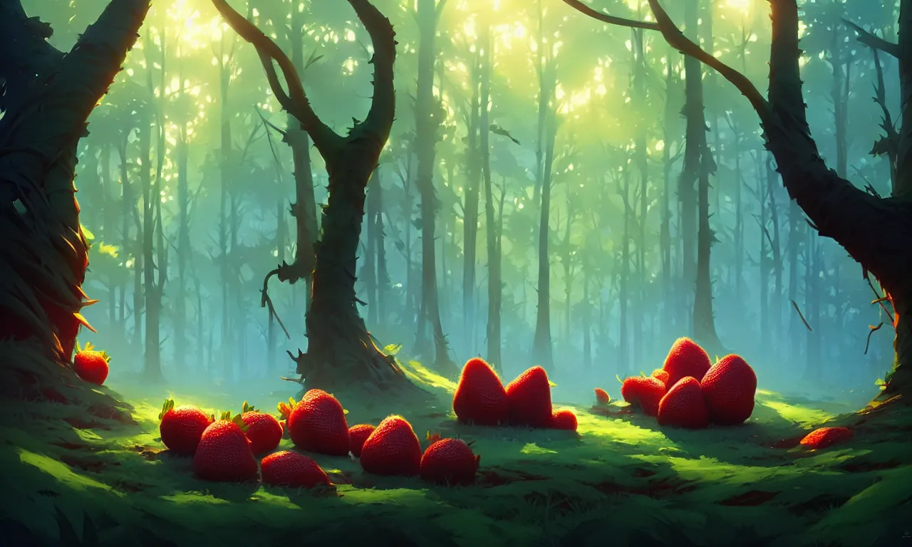 Image similar to Dark forest large strawberries, behance hd by Jesper Ejsing, by RHADS, Makoto Shinkai and Lois van baarle, ilya kuvshinov, rossdraws global illumination