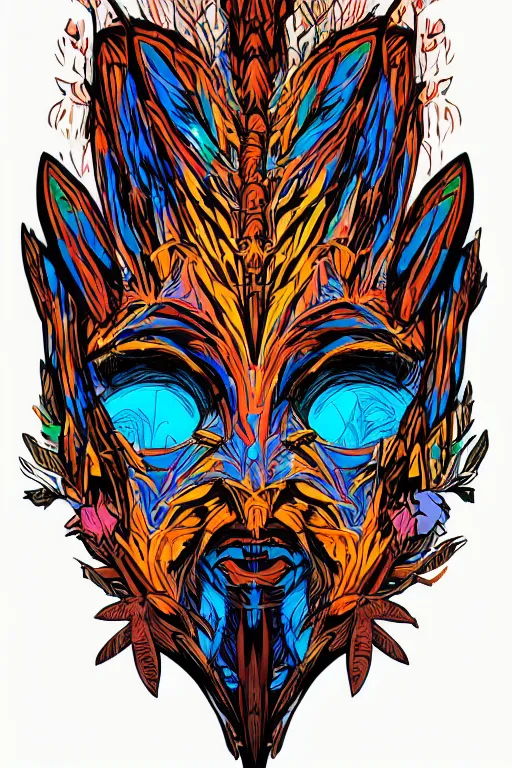 Image similar to animal mask totem roots flower tribal feather gemstone plant wood rock shaman vodoo video game vector cutout illustration vivid multicolor borderlands comics by josan gonzales and dan mumford radiating a glowing aura