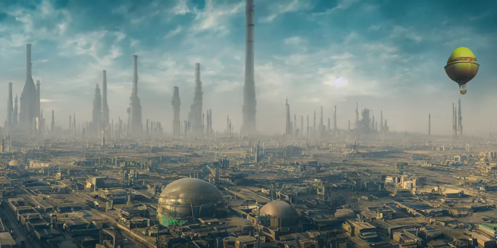 Prompt: a city that looks like coruscant, with a yellow green smog sky, cinematic lighting, blimps, power plants, factories, tall metal towers, muddy landscape in the distance, hd 4k photo