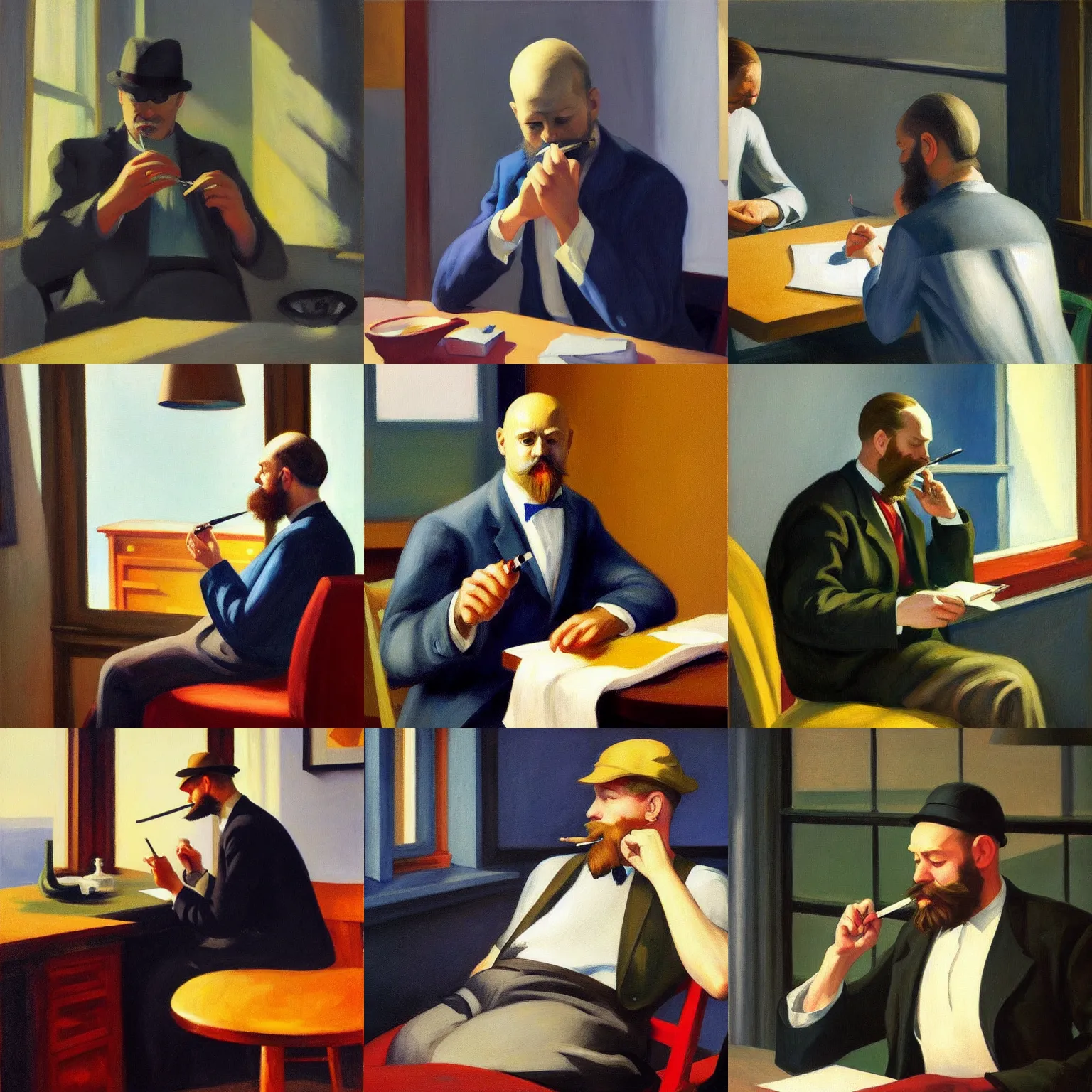 Prompt: Edward hopper painting of a writer with a beard sitting, he is smoking a cigarette, he is holding a bottle in his other hand, artstation, highly detailed, realistic