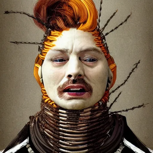 Prompt: portrait of a Shibari S&M barbed wire wrapped face and neck, headshot, insanely nice professional hair style, dramatic hair color, digital painting, of a old 17th century, old cyborg merchant, amber jewels, baroque, ornate clothing, scifi, realistic, hyperdetailed, chiaroscuro, concept art, art by Franz Hals and Jon Foster and Ayami Kojima and Amano and Karol Bak,