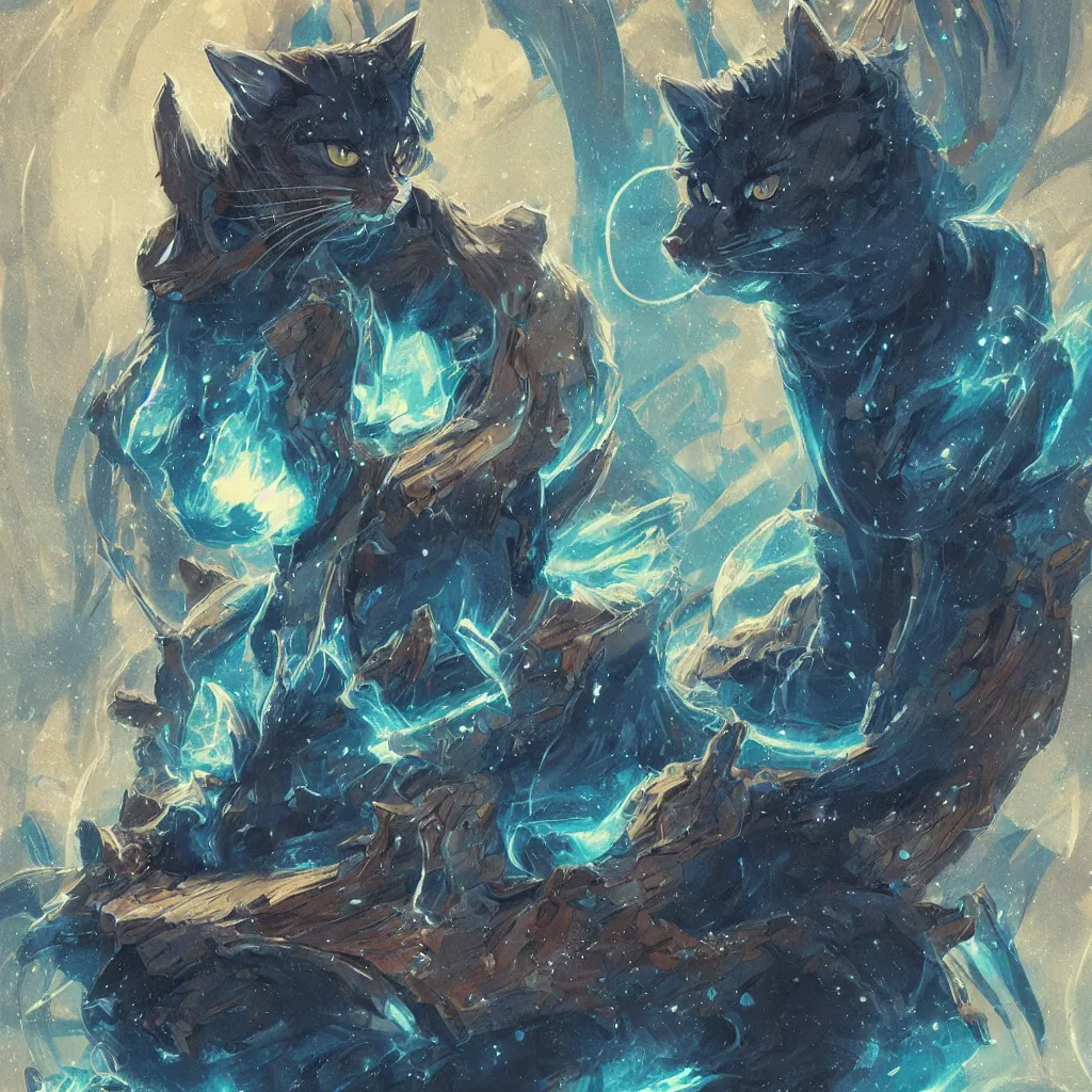 Image similar to anime cat with cloak laying on a magical wood carved chair, super powers, glowing tiny blue lines, concept art, by greg rutkowski, overdetailed art