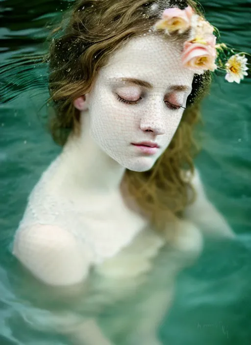 Image similar to Kodak Portra 400, 8K, soft light, volumetric lighting, highly detailed, britt marling style 3/4, portrait photography of a beautiful woman how pre-Raphaelites, half face in the water, nose eyes and mouth out of the water ,a beautiful lace dress and hair are intricate with highly detailed realistic beautiful flowers , Realistic, Refined, Highly Detailed, natural outdoor soft pastel lighting colors scheme, outdoor fine art photography, Hyper realistic, photo realistic