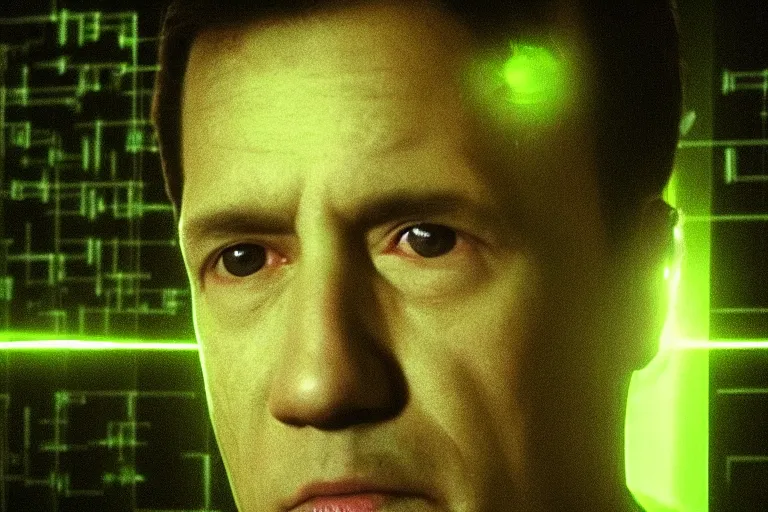 Prompt: an ultra realistic cinematic portrait of a man, green matrix code, detailed, deep focus, movie still, dramatic lighting, ray tracing, by werner herzog and ryoji ikeda