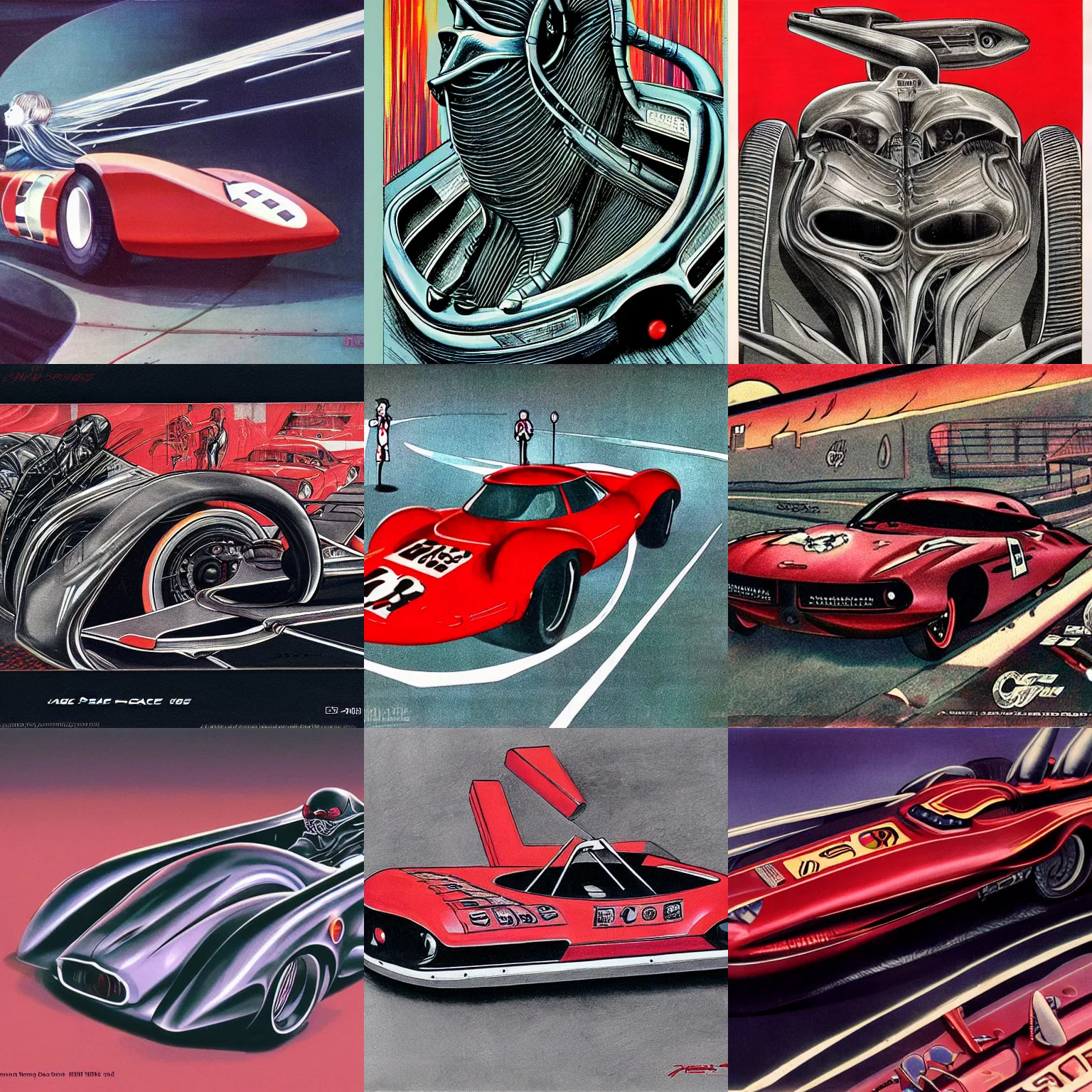 Prompt: 1960\'s race car, art by Giger, style of red line anime movie