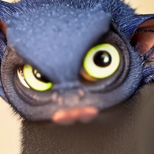 Prompt: close up of face of scary giant mutant navy-blue pygmy-bat 85mm f/1.4
