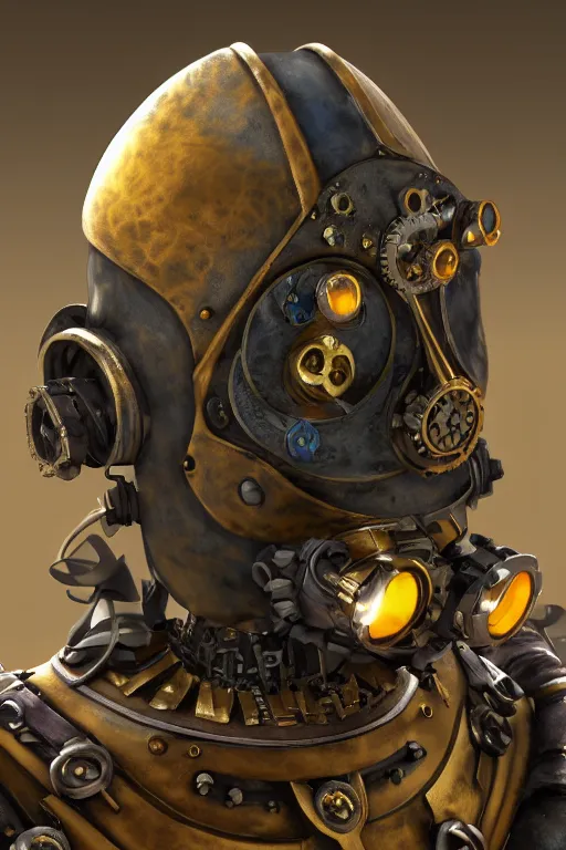 Image similar to steampunk mask minimalist fantasy art robot ninja helmet, global illumination ray tracing hdr fanart arstation by sung choi and eric pfeiffer and gabriel garza and casper konefal radiating a glowing aura