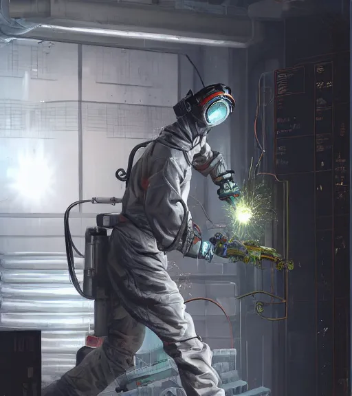 Image similar to realistic cyberpunk japanese engineer with long limbs and a black spacesuit welding a wall, techwear, dead space, visible face, Industrial Scifi, detailed illustration, character portrait, by Martin Grip and Moebius