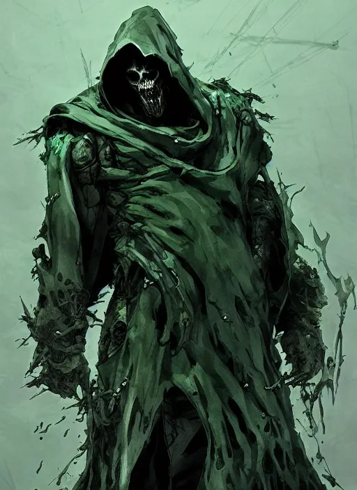 Image similar to Reaper, rotting commander of the undead in soiled green hooded robe. In style of Yoji Shinkawa and Hyung-tae Kim, trending on ArtStation, dark fantasy, great composition, concept art, highly detailed, dynamic pose.