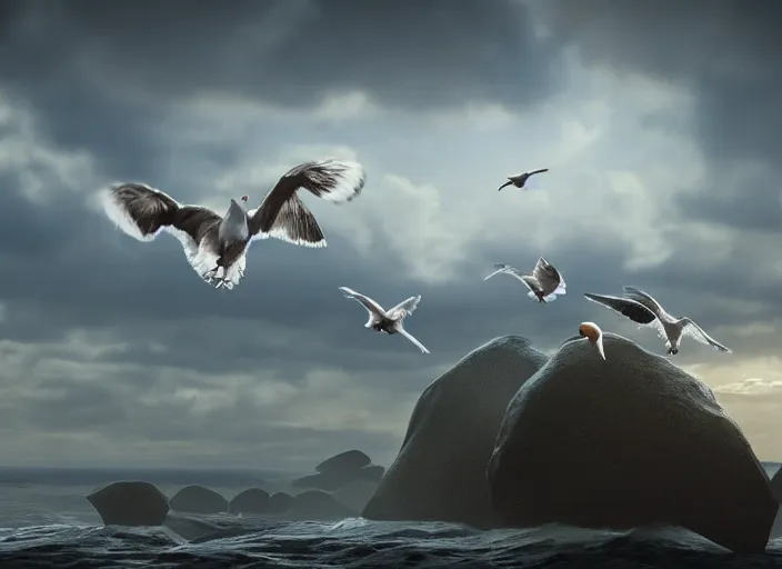 Prompt: independent picture scenery artwork in style by robert svebeck and haruki marakami, rendering of seagulls babies learning to fly, singing on a mystical field, dramatic sky, matte painting, trending on artstation and unreal engine