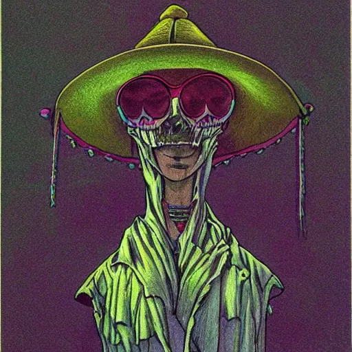 Prompt: voodoo hat, crossroad between life and death, drawing by moebius