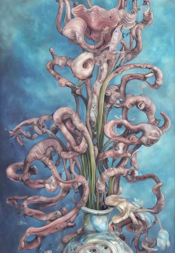 Image similar to a biomorphic painting of a vase with flowers and eyeballs in it, a surrealist painting by marco mazzoni, by dorothea tanning, pastel blues and pinks, blue oyster mushrooms, featured on artstation, metaphysical painting, oil on canvas, fluid acrylic pour art, airbrush art, seapunk, rococo, lovecraftian