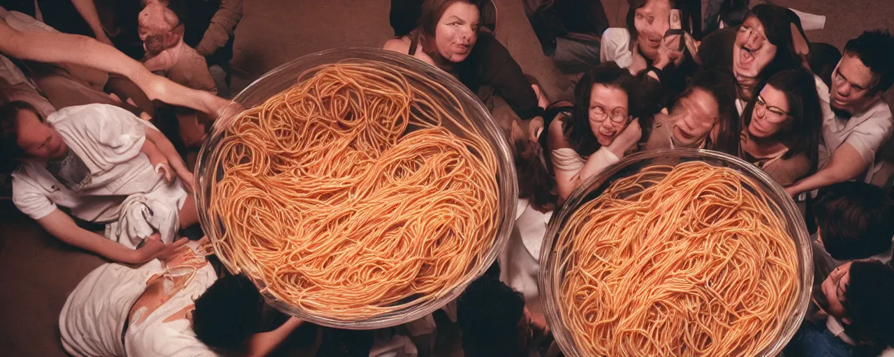 Image similar to a group of people inside a giant bowl of spaghetti, trying to get out, canon 5 0 mm, cinematic lighting, photography, retro, film, kodachrome