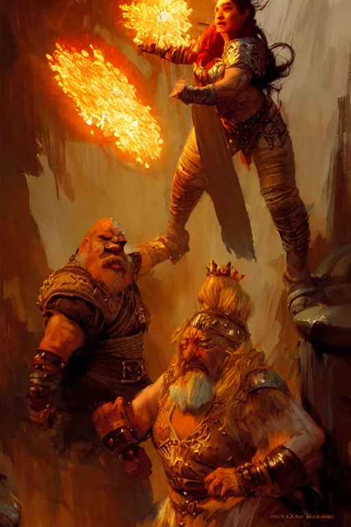 Prompt: queen of the dwarves, on fire, punching another dwarf portrait dnd, painting by gaston bussiere, craig mullins, greg rutkowski, yoji shinkawa