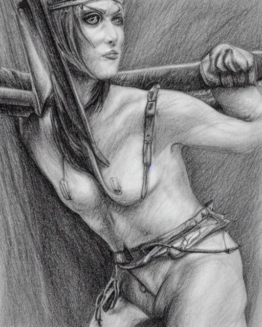 Image similar to A beautiful female warrior on a pirate ship at a deserted island, very faded outline, realism pencil drawing on white paper, bald lines