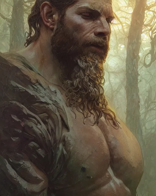 Image similar to god of the forest, 3 0 years old, rugged, male, gorgeous, detailed face, amazing, thighs!!!!!!, muscular, intricate, highly detailed, digital painting, artstation, concept art, sharp focus, illustration, art by greg rutkowski and alphonse mucha