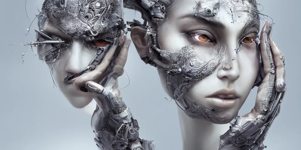 Image similar to hyper realistic photography of a stunningly beautiful cyborg female, incredibly beautiful, symmetrical face, intimate, holding close, hands, in the style of beth cavener, jin kagetsu,, and wlop, highly detailed, intricate filigree, masterpiece, award winning, sharp focus, concept art, ringflash lighting, ambient lighting, octane render, 8 k, artstation