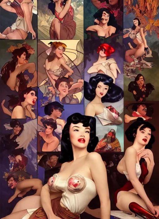 Image similar to intense fan art concept art by artgerm, tooth wu, bierstadt, gurney, stalenhag and alphonse mucha. an incredible collage of countless betty page pin up portraits, contour light effect!! 8 k, stage light. octane render. smooth. sharp edge. ultra clear detailed, full body various poses!!