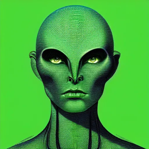 Prompt: medium portrait top light, by killian eng and joe fenton and h r giger and conrad roset, inspired by alien movie 1 9 7 9, lime green background, fine, sharp high detail,