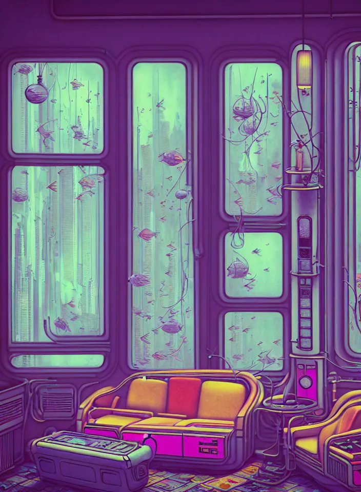 Image similar to telephoto 7 0 mm f / 2. 8 iso 2 0 0 photograph depicting the feeling of chrysalism in a cosy safe cluttered french sci - fi ( art ( nouveau ) ) cyberpunk apartment in a pastel dreamstate art cinema style. ( living room ) ( ( fish tank ) ), ambient light.