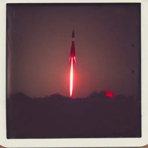 Prompt: aged polaroid photo of a bright red missile launch, wide view, film grain, red color bleed, onlookers watching