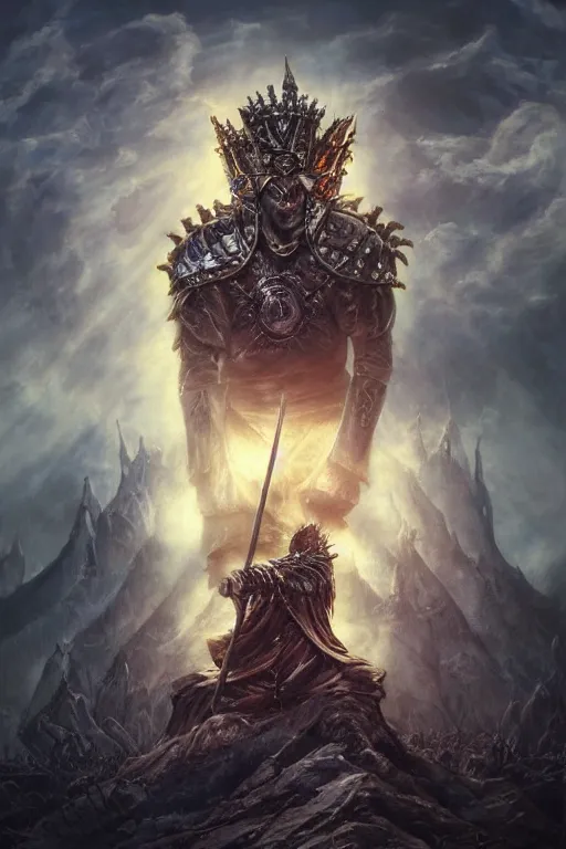 Image similar to an ultra detailed 3 d render of king richard the lionhearted as an elden ring boss, epic anime fantasy, 8 k, in the style of a fantasy metal album cover and magic the gathering, volumetric lighting, smooth, highly detailed, digital illustration, octane render, art by albert bierstadt and greg rutkowsi, artstation