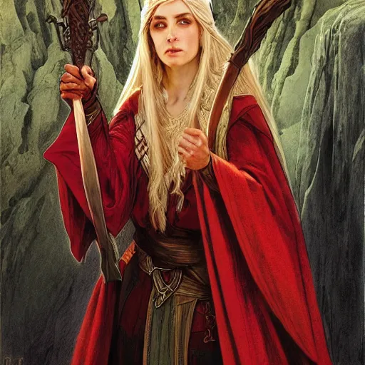 Image similar to esther the elven desert bandit. Red robes. Epic portrait by james gurney and Alfonso mucha (lotr, witcher 3, dnd).